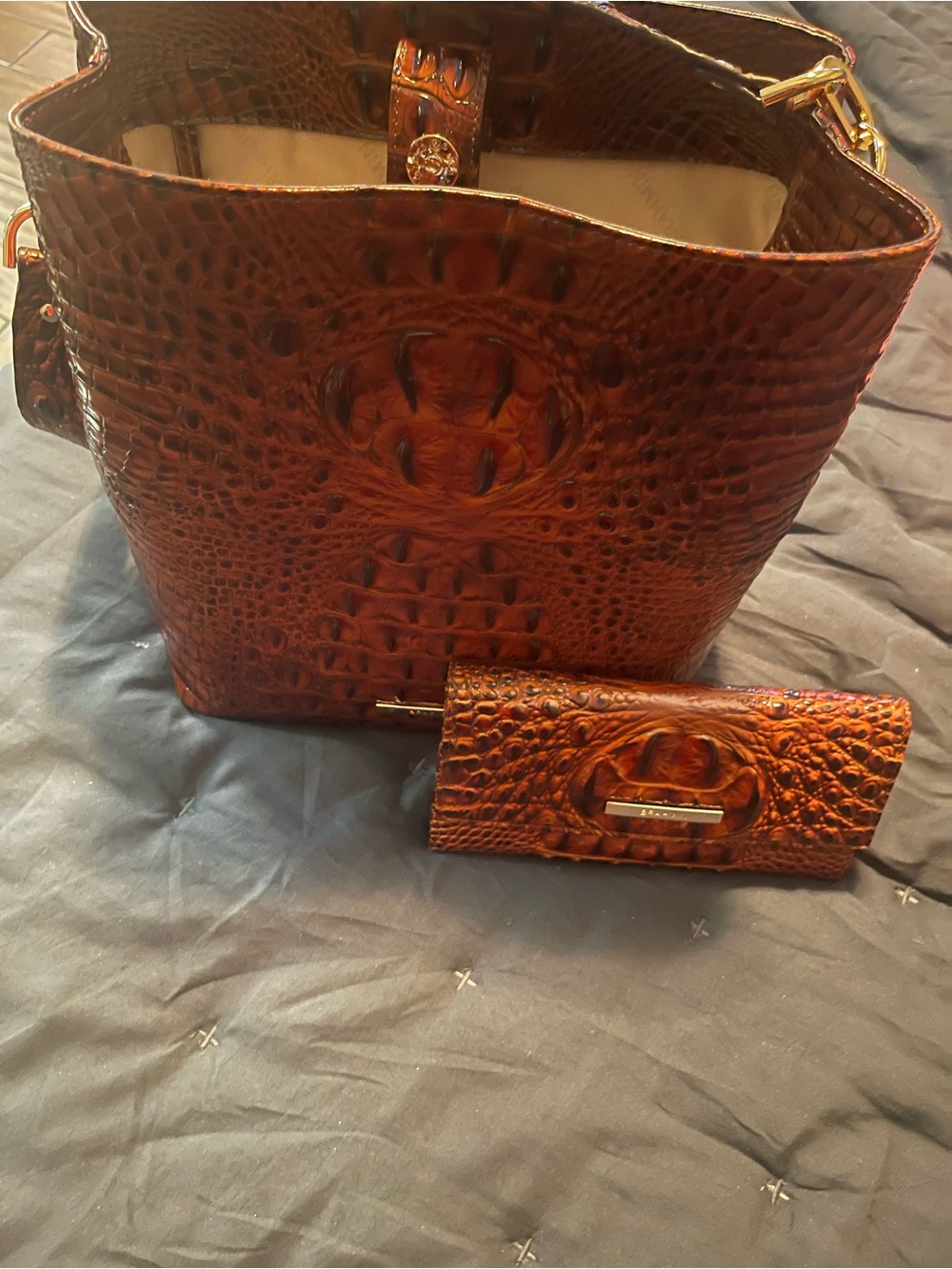Brahmin Chestnut Croc-Embossed Leather Tote with Matching Wallet Set